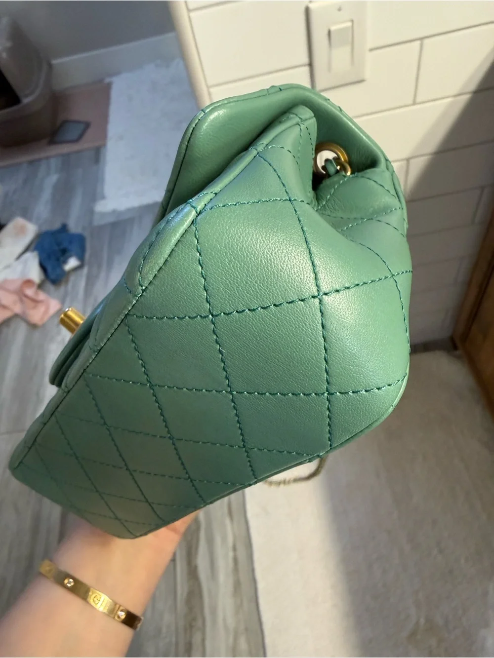 CHANEL Quilted Mint Green Lambskin Shoulder Bag with Gold Hardware